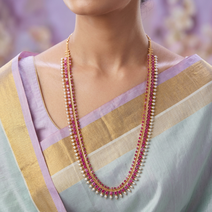 Heritage gold plated ruby stone long necklace with earrings HL571