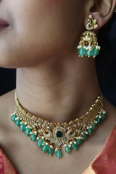 Antique green pearl choker necklace and earrings CCB27889