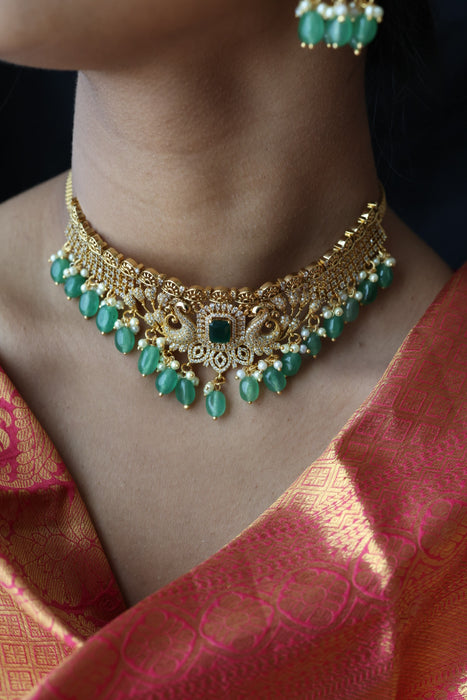 Antique green pearl choker necklace and earrings CCB27889