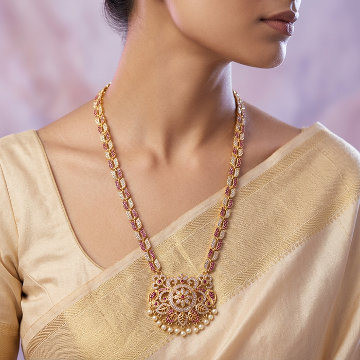 Heritage gold plated ruby white stone long necklace HL5178