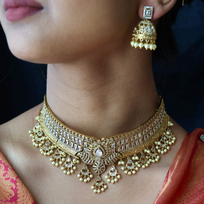 Antique pearl white stone choker necklace and earrings CCB20977