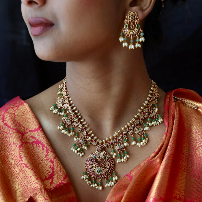 Antique ruby green pearl short necklace and earrings RUB1799