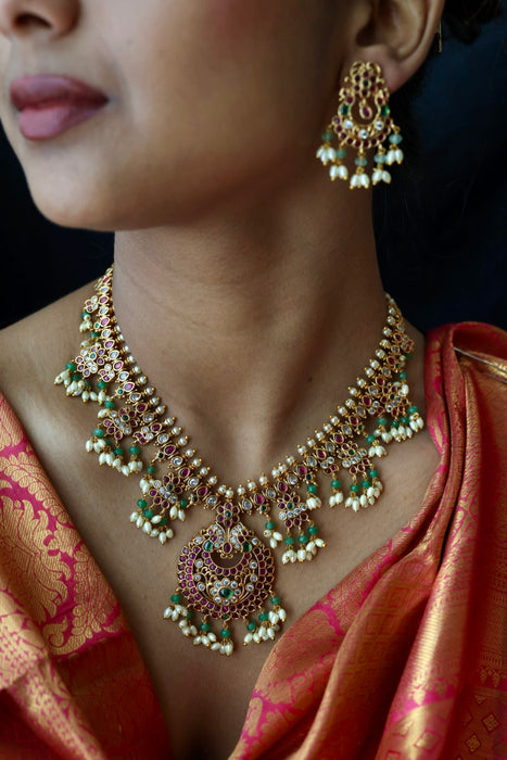Antique ruby green pearl short necklace and earrings RUB1799