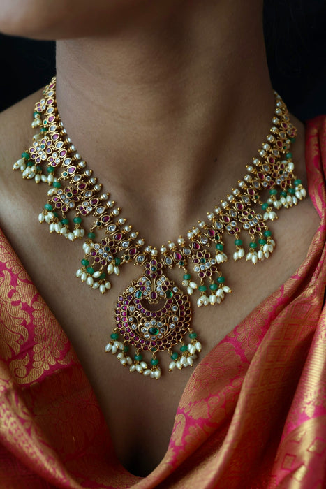 Antique ruby green pearl short necklace and earrings RUB1799