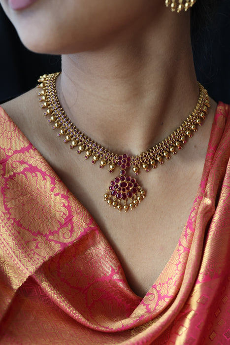 Antique ruby stone short necklace with earrings RUB091
