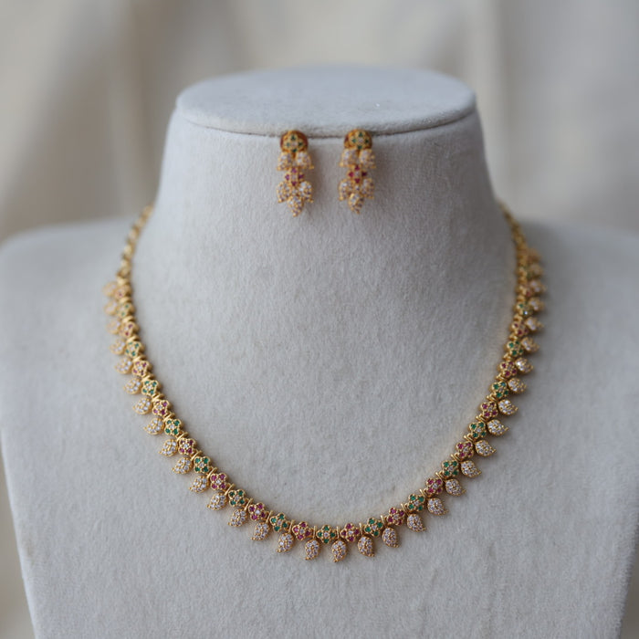 Heritage gold plated ruby white stone mango design short necklace with earring H1149
