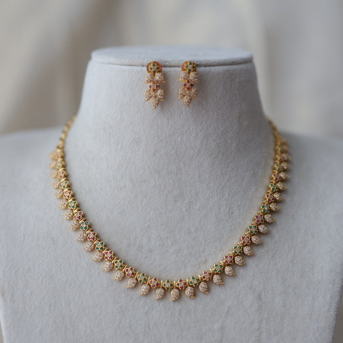 Heritage gold plated ruby white stone mango design short necklace with earring H1149