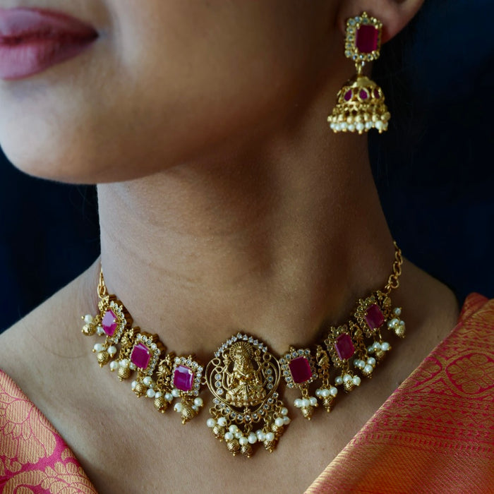 Antique ruby stone choker necklace with earrings CCB1876
