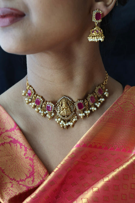 Antique ruby stone choker necklace with earrings CCB1876