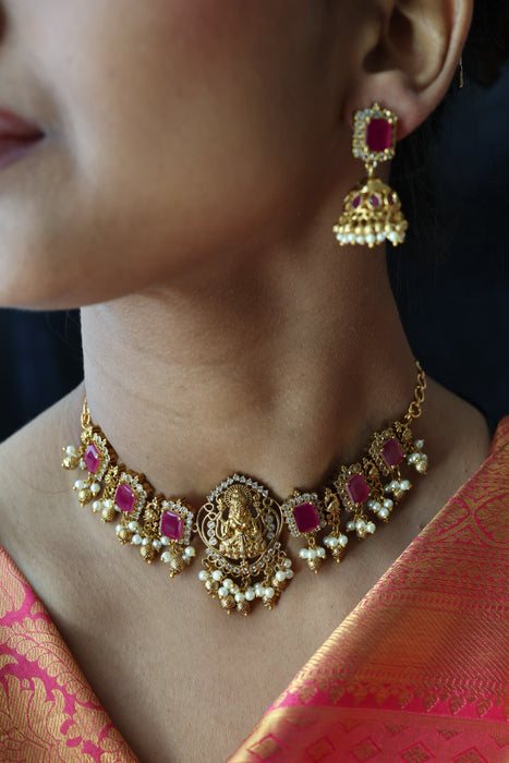 Antique ruby stone choker necklace with earrings CCB1876