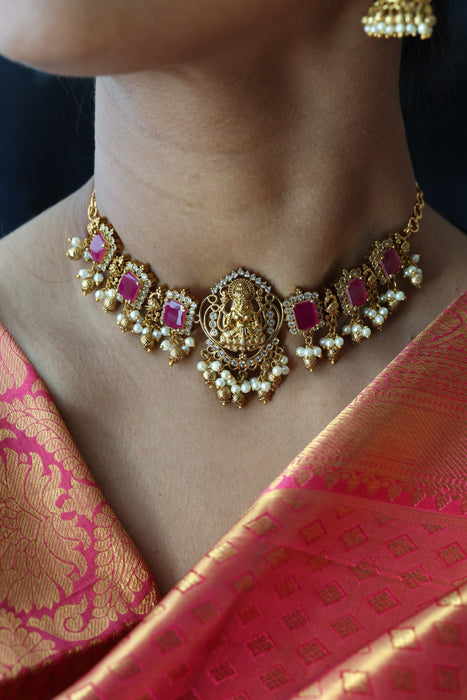Antique ruby stone choker necklace with earrings CCB1876