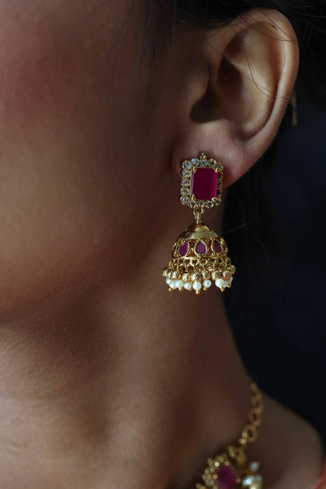 Antique ruby stone choker necklace with earrings CCB1876