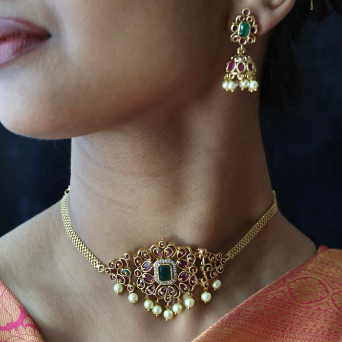 Antique ruby stone choker necklace and earrings CCB10981