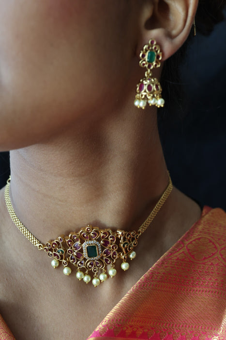 Antique ruby stone choker necklace and earrings CCB10981
