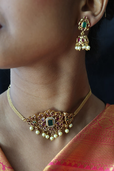 Antique ruby stone choker necklace and earrings CCB10981