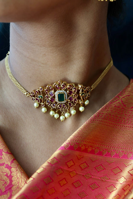 Antique ruby stone choker necklace and earrings CCB10981