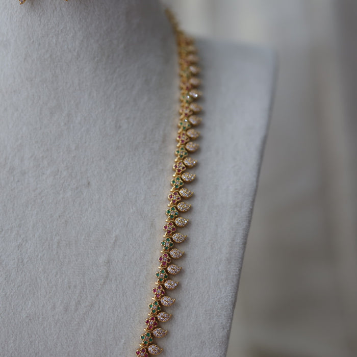Heritage gold plated gold ruby green stone mango design long necklace with earrings  HL812