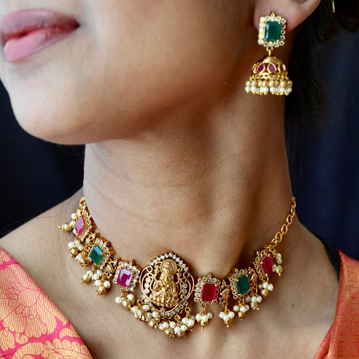 Antique ruby green stone choker necklace and earrings CCB20982