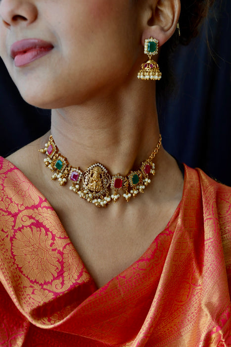 Antique ruby green stone choker necklace and earrings CCB20982