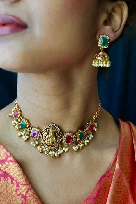 Antique ruby green stone choker necklace and earrings CCB20982