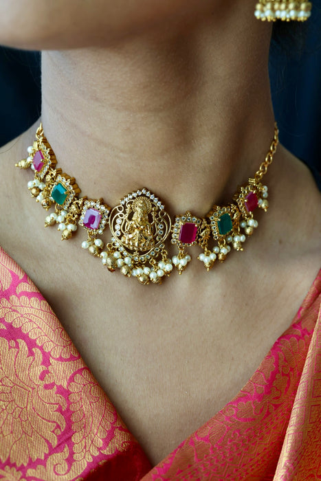 Antique ruby green stone choker necklace and earrings CCB20982