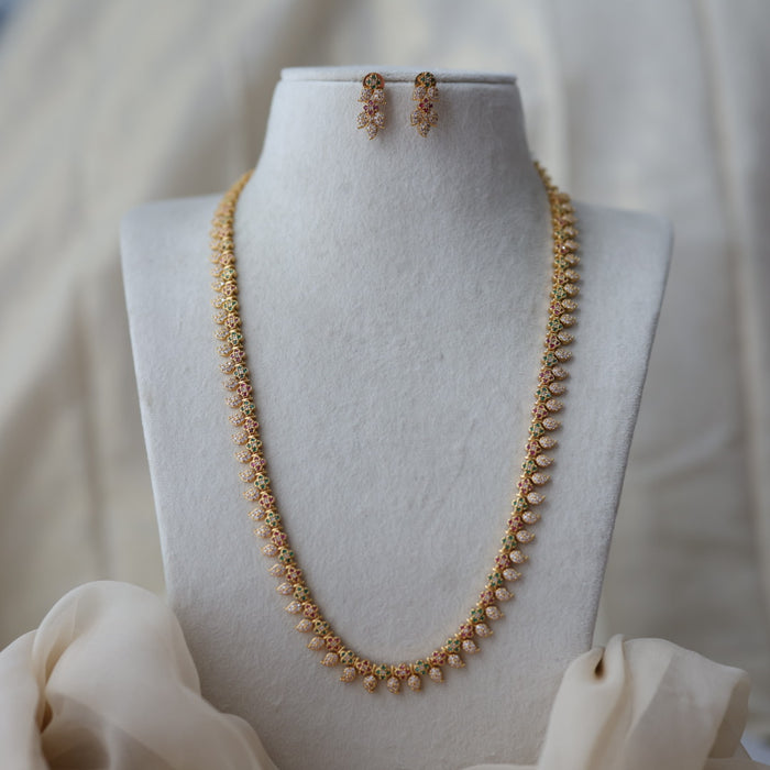 Heritage gold plated gold ruby green stone mango design long necklace with earrings  HL812