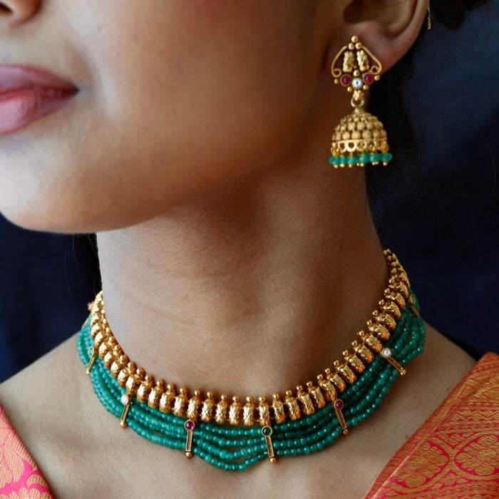 Antique green bead choker necklace and earrings CCB20985