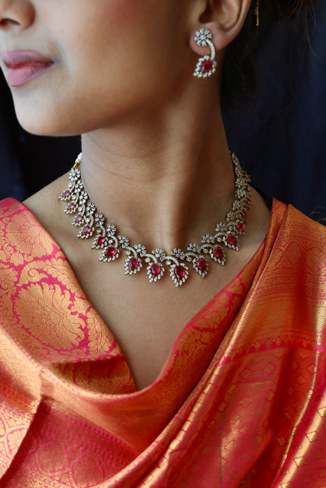 Victorian ruby white stone necklace with earrings V15702