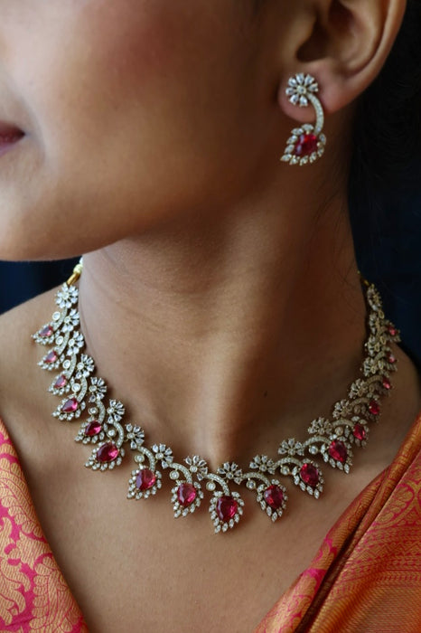Victorian ruby white stone necklace with earrings V15702