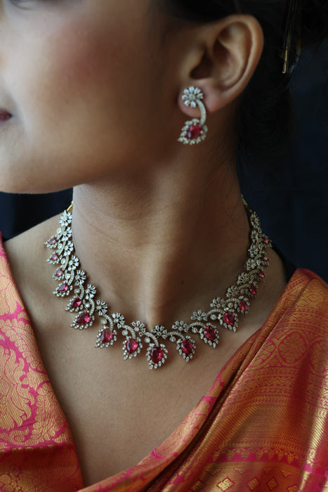 Victorian ruby white stone necklace with earrings V15702