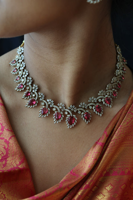 Victorian ruby white stone necklace with earrings V15702