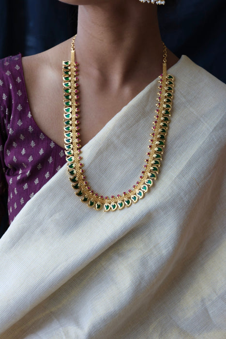 Heritage gold plated green stone mango long necklace HL02366