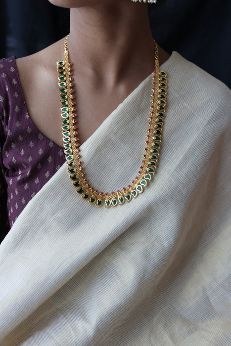 Heritage gold plated green stone mango long necklace HL02366