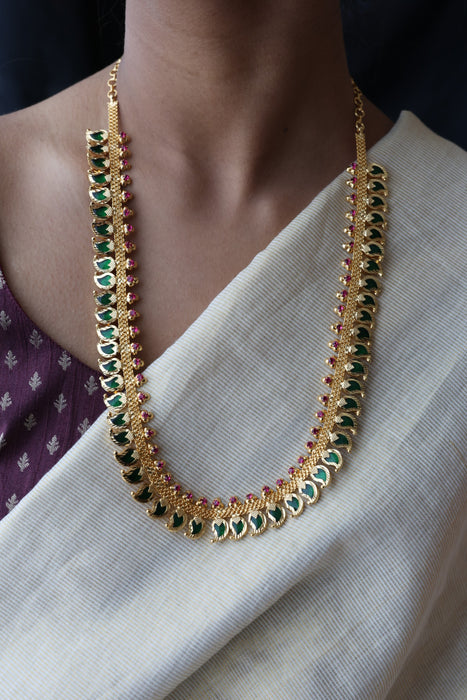 Heritage gold plated green stone mango long necklace HL02366