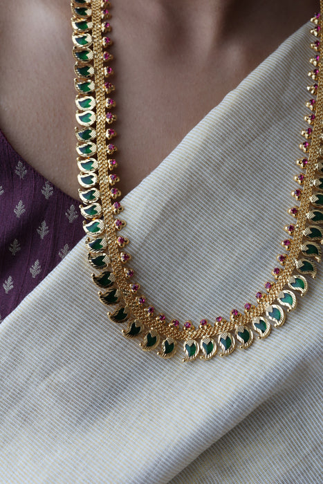 Heritage gold plated green stone mango long necklace HL02366
