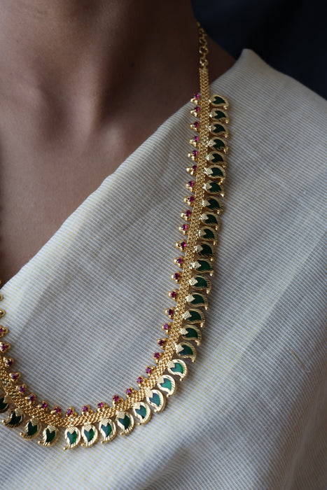 Heritage gold plated green stone mango long necklace HL02366