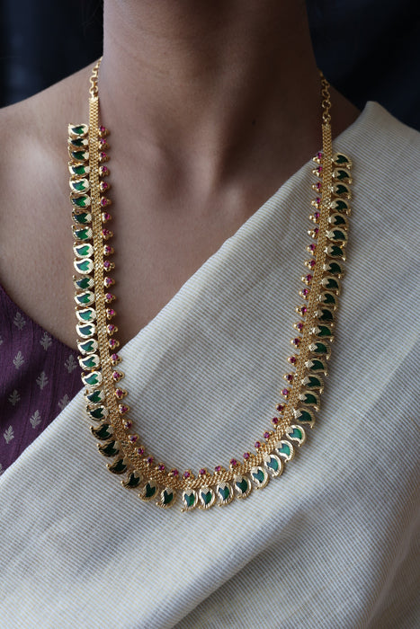 Heritage gold plated green stone mango long necklace HL02366