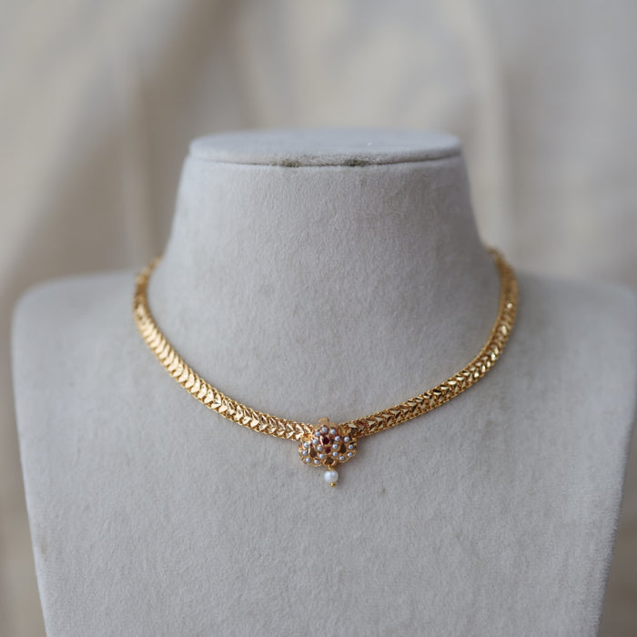 Heritage gold plated ruby pearl stone short necklace H5000