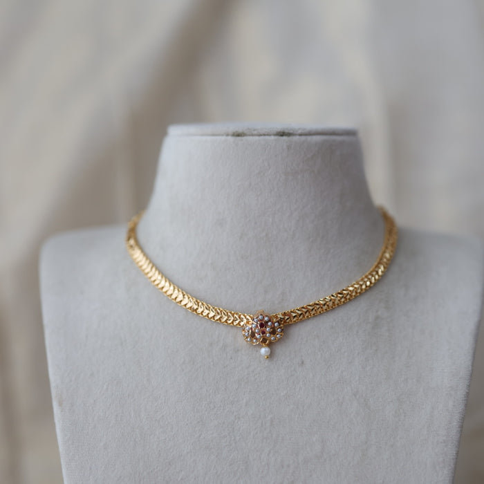 Heritage gold plated ruby pearl stone short necklace H5000