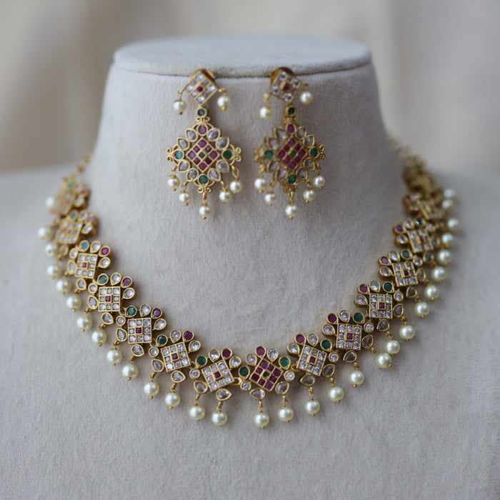 Antique multi stone and pearl short necklace with earrings SS11933
