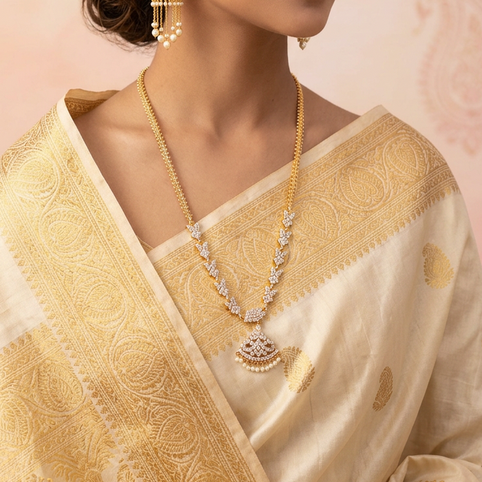 Heritage gold plated white stone long necklace HL890