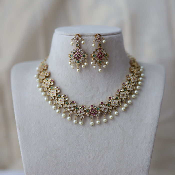 Antique multi stone and pearl short necklace with earrings SS11933