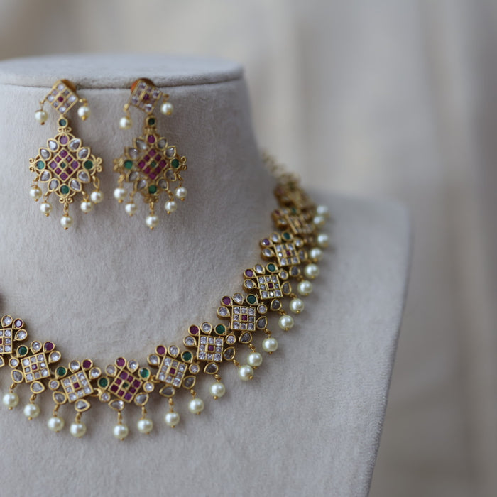 Antique multi stone and pearl short necklace with earrings SS11933