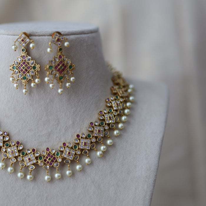 Antique multi stone and pearl short necklace with earrings SS11933