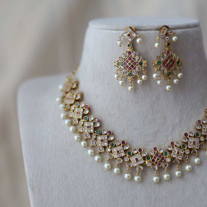Antique multi stone and pearl short necklace with earrings SS11933