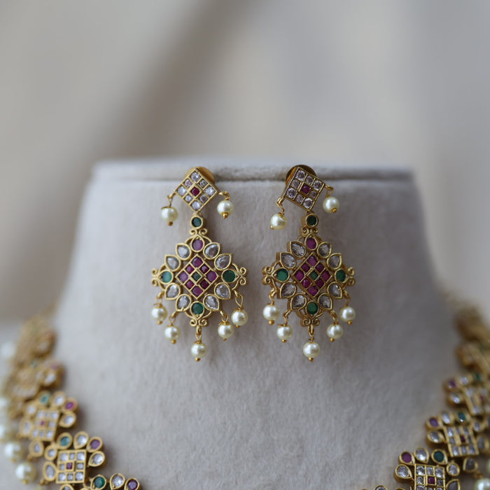 Antique multi stone and pearl short necklace with earrings SS11933