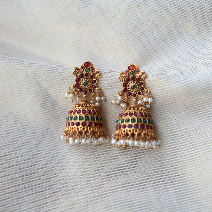 Antique ruby green stone jumka earrings AJ201