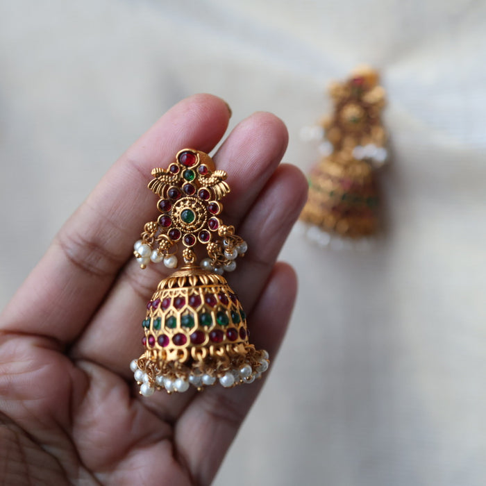 Antique ruby green stone jumka earrings AJ201