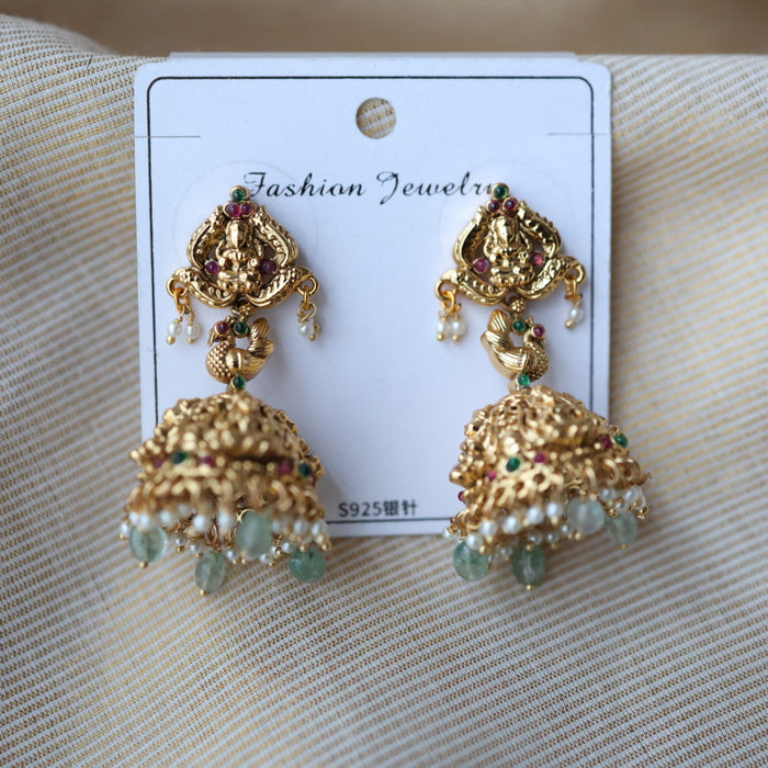 Antique gold green bead jumka earrings AJ231
