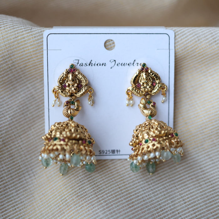 Antique gold green bead jumka earrings AJ231